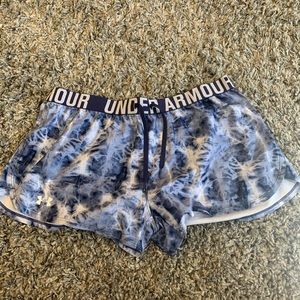 UNDER ARMOUR. Blue tie dye workout shorts.